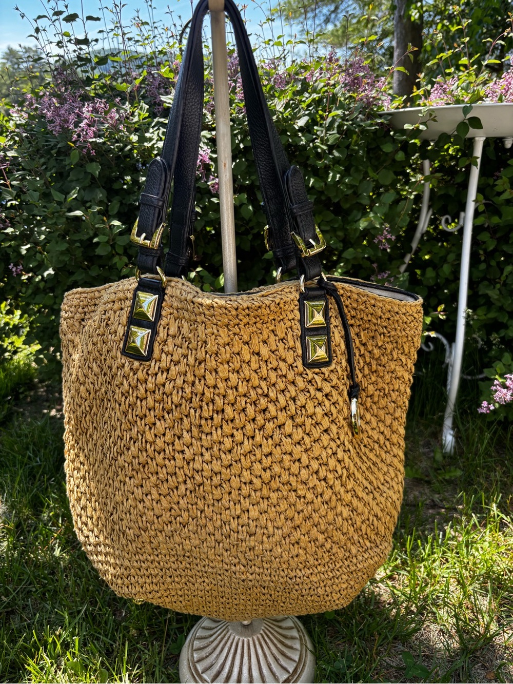 Michael Kors Large Studded Straw Shopper Tote Bag Black Leather Gold Pyramid - Picture 1 of 9